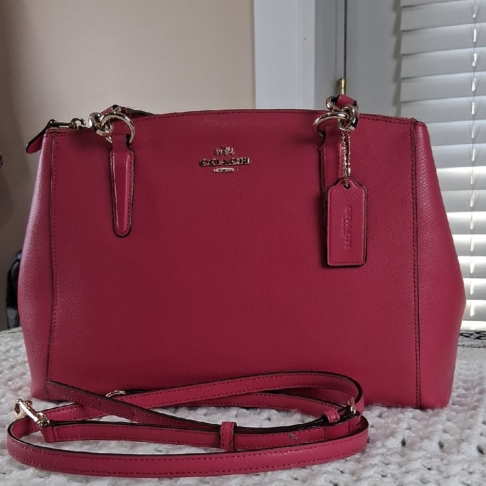 Coach Pink Leather Women's Bag Snap Closure And Two Zipper Compartmant